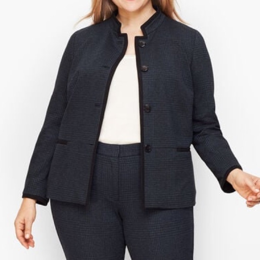 Talbots Plus Size Luxe Knit Italian Weave Navy Blue Plaid Suit Jacket Blazer